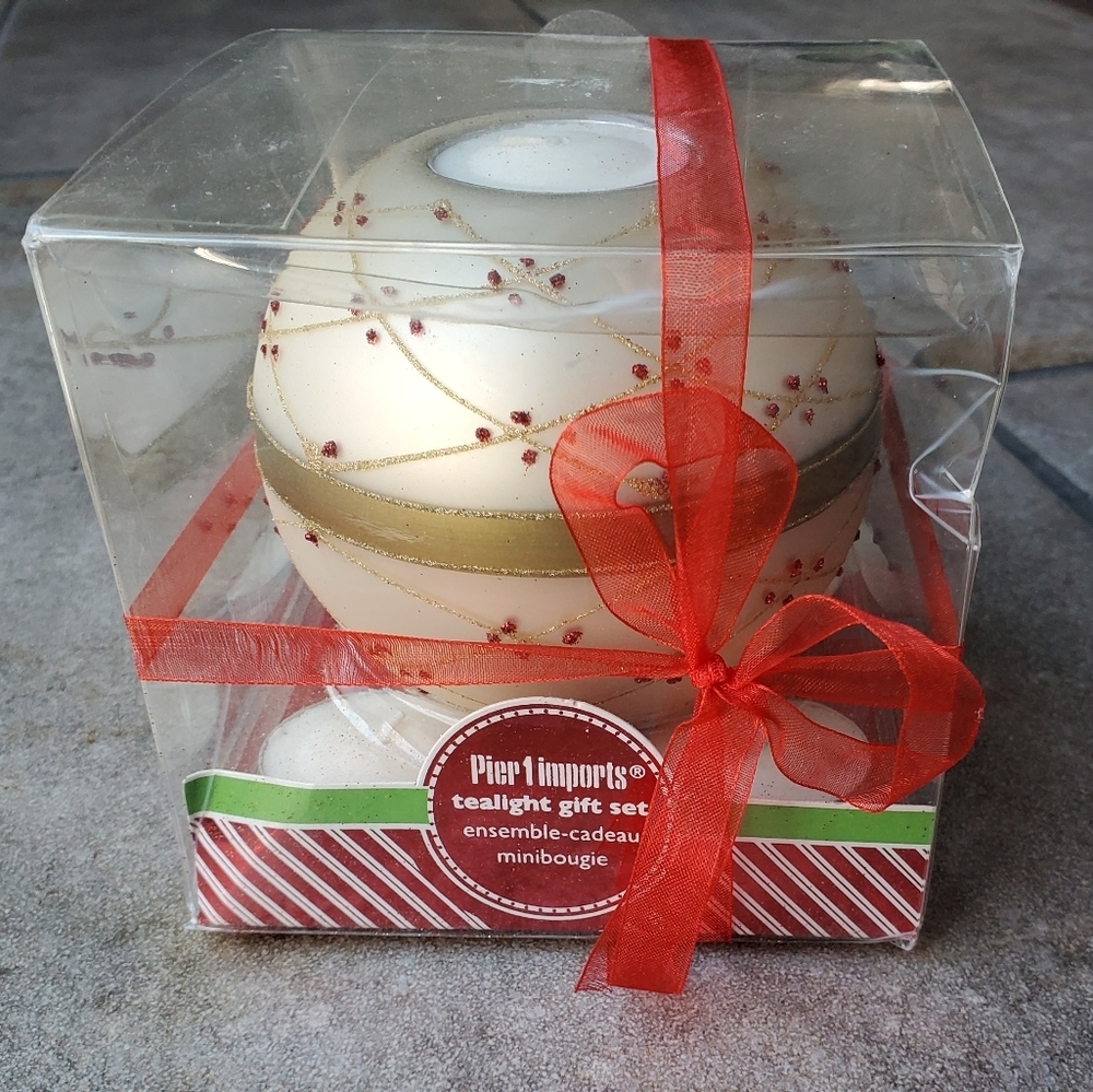Pier 1 Imports Holiday Tealight Gift Set Christmas Ivory Gold Red Glitter New